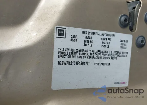 2001 Pontiac Grand Prix Gtp z USA, uszkodzony, nr VIN 1G2WR12101F139172